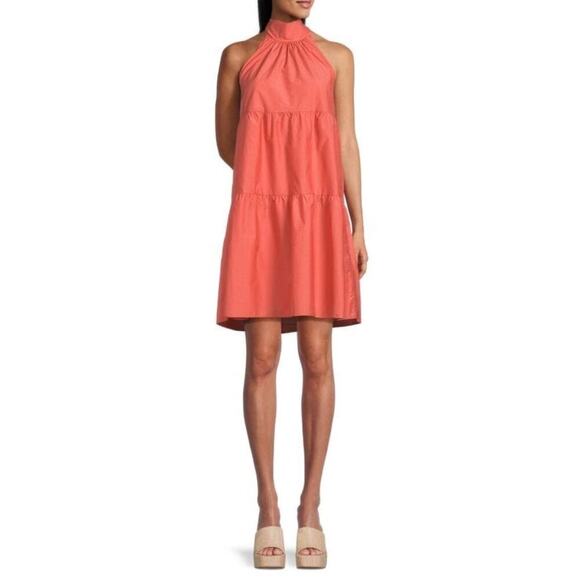 NWT Theory Tiered Halter Neck Mini Dress in Pink Coral Sz L - Picture 1 of 9